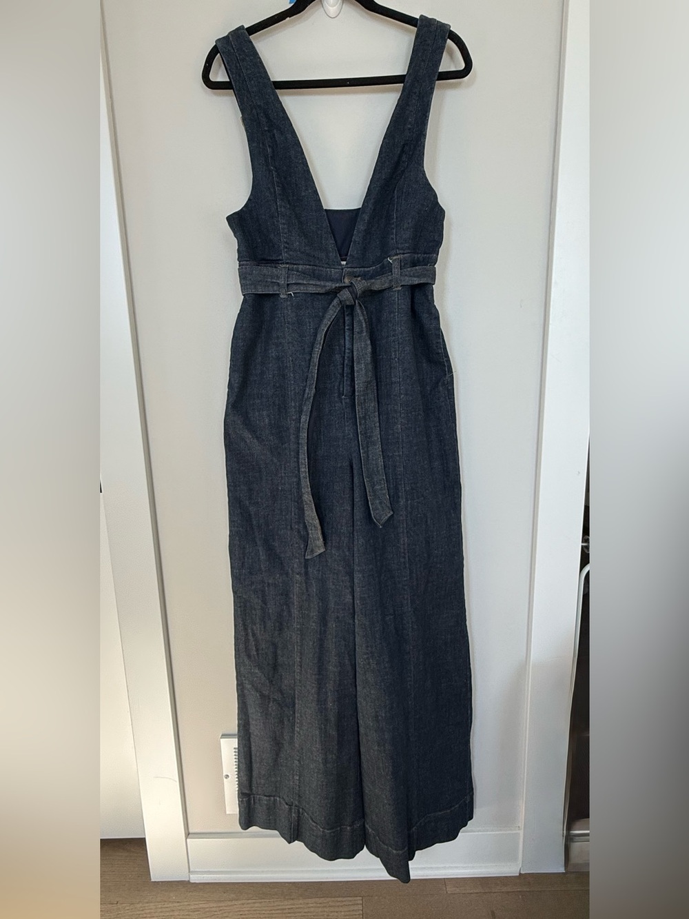 Anthropologie Pilcro Dark Wash Denim Wide Leg Jumpsuit Belted Size 10